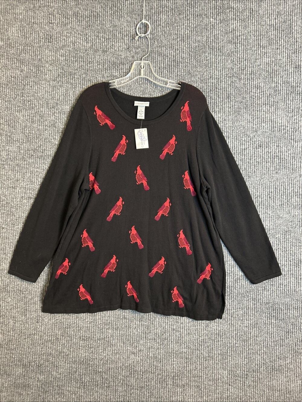 Catherines Womens Tunic Sweater Size 1X Black Red Cardinals Sequins Crew Neck